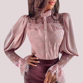 Cysincos Chiffon Blouses Women 2019 Autumn Fashion Long Sleeve V-neck Pink Shirt Office Blouse Slim Casual Tops Female Plus Size